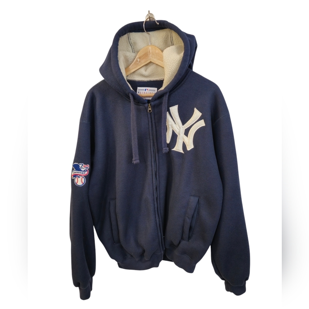 Yankees Genuine Merchandise Brand Full Zip Hoodie Jacket Blue Waffe Weave Size L